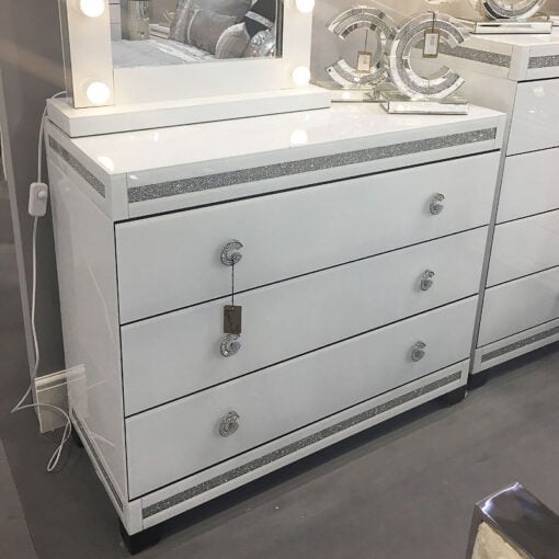 Crystalline White Glass Mirrored Large 3 Drawer Bedroom Chest / Cabinet