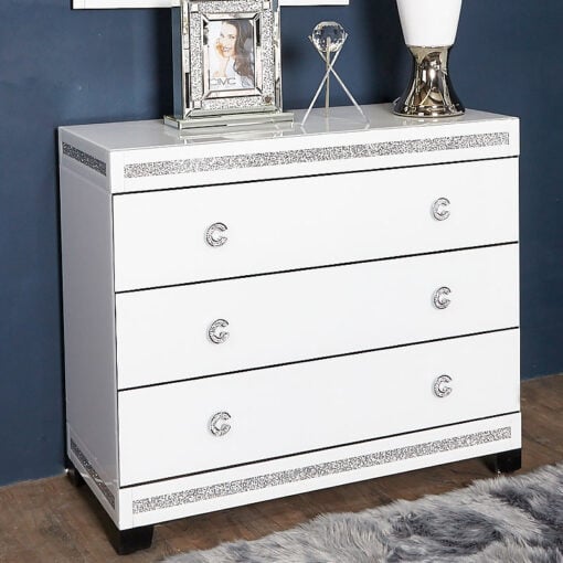 Crystalline White Glass Mirrored Large 3 Drawer Bedroom Chest / Cabinet