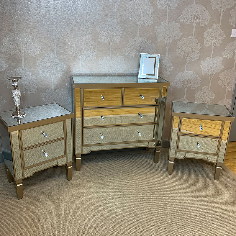 Georgia Luxe Set Champagne Mirrored 4 Drawer Chest And 2 Bedside