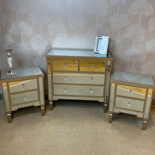 Georgia Luxe Set Champagne Mirrored 4 Drawer Chest And 2 Bedside Cabinets