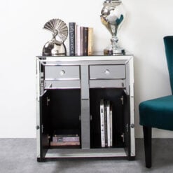 Arctic Noir Black Smoked Glass Mirrored 2 Drawer 2 Door Cabinet