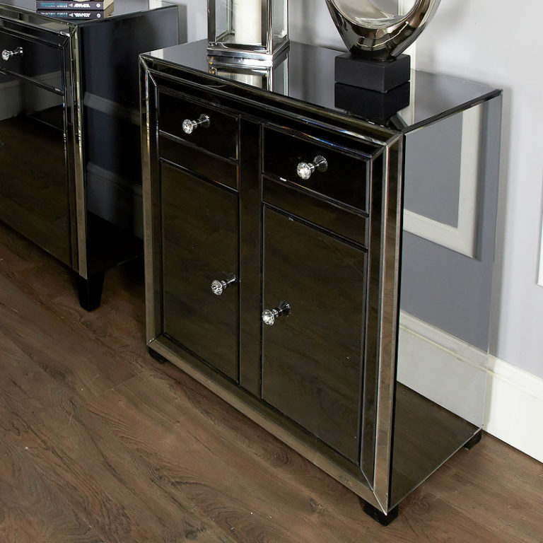 Arctic Noir Black Smoked Glass Mirrored 2 Drawer 2 Door Cabinet
