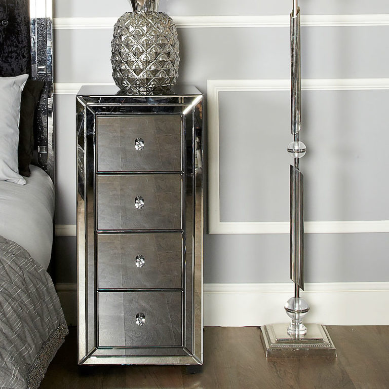 Arctic Noir Black Smoked Glass Mirrored 4 Drawer Tallboy Chest