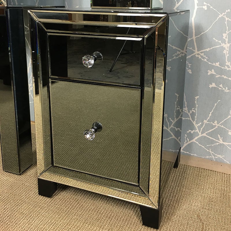 Arctic Noir Smoked Glass Black Mirrored 2 Drawer Bedside Cabinet