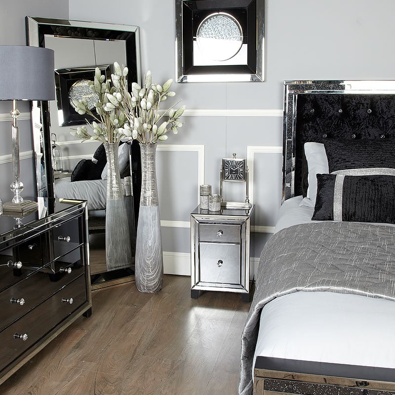 Arctic Noir Smoked Glass Black Mirrored 2 Drawer Bedside ...