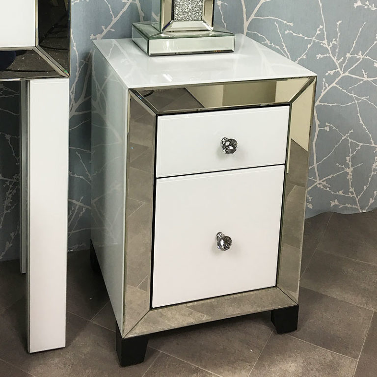 Arctic White Mirrored Glass 2 Drawer Bedside Table