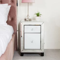 Arctic White Mirrored Glass 2 Drawer Bedside Cabinet Table