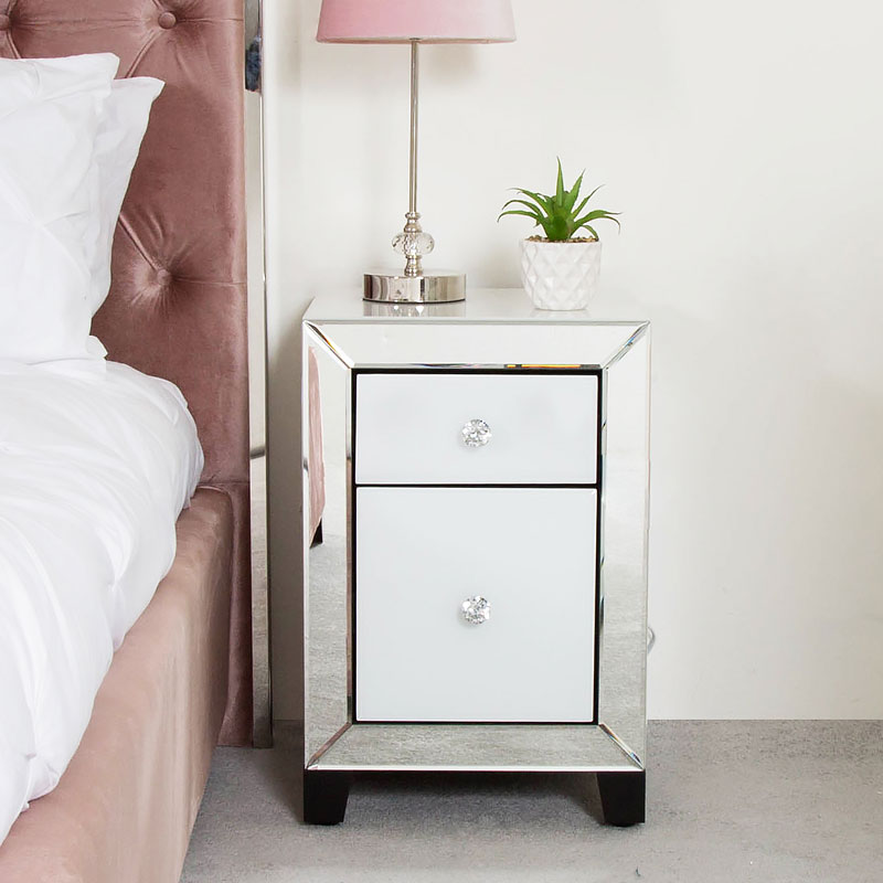 Arctic White Mirrored Glass 2 Drawer, Mirrored Glass Bedside Table