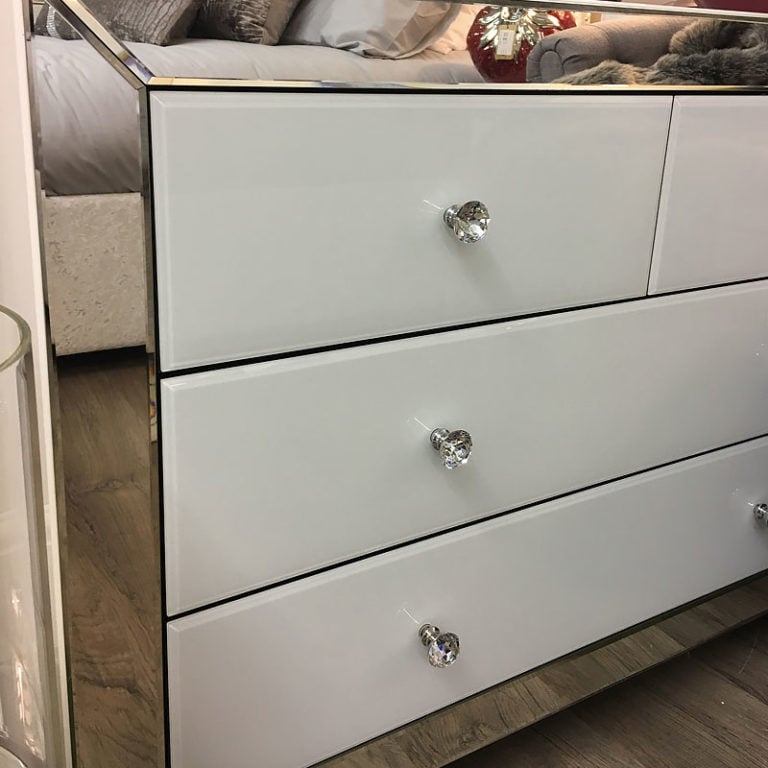 Arctic White Mirrored Glass 4 Drawer Chest Of Drawers Cupboard