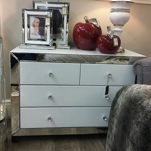 Arctic White Mirrored Glass 4 Drawer Chest Of Drawers Cabinet Cupboard