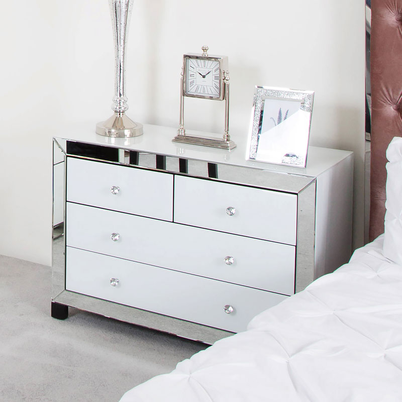 Arctic White Mirrored Glass 4 Drawer Chest Of Drawers Cabinet