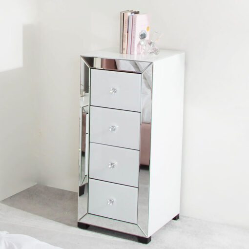 Arctic White Mirrored Glass 4 Drawer Tallboy Chest Of Drawers Cabinet