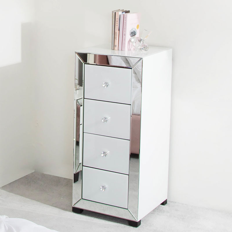 Arctic White Mirrored Glass 4 Drawer Tallboy Chest Of Drawers