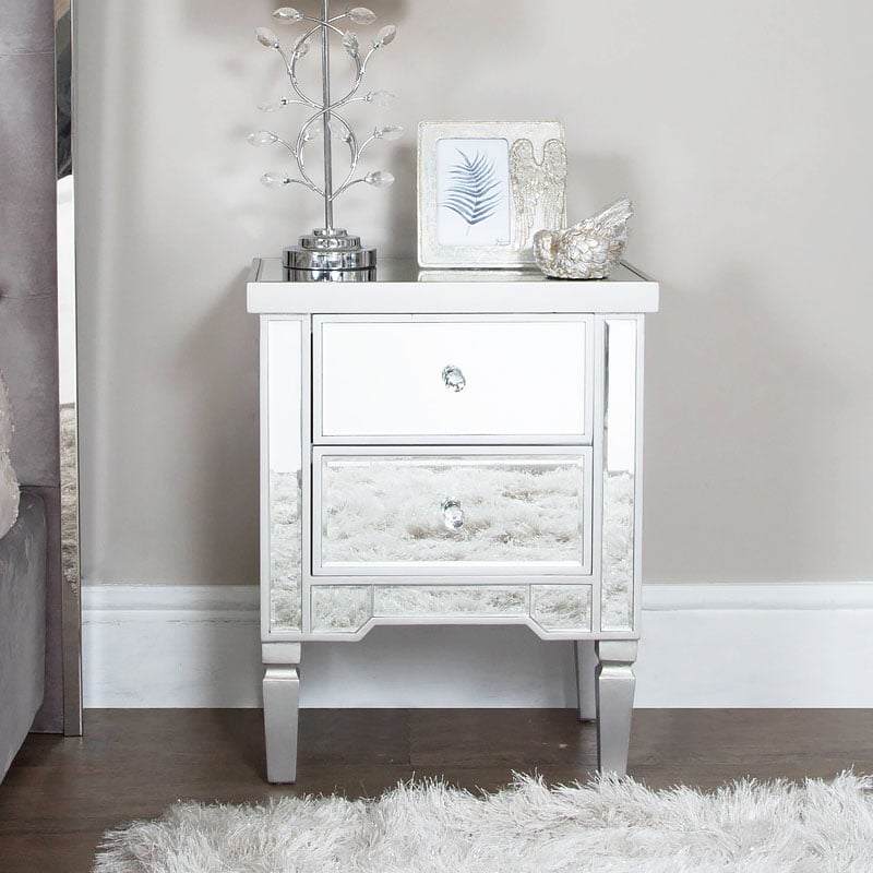 Georgia Silver Mirrored Chest Of 2 Drawer Bedside Cabinet Lamp