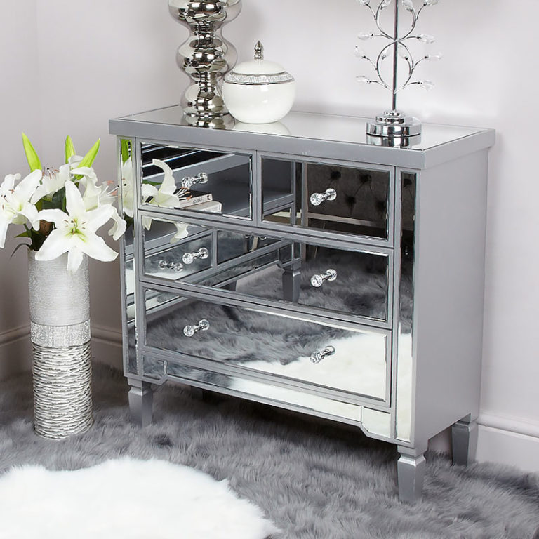 Silver Trim Mirrored Chest of 4 Drawers Bedroom
