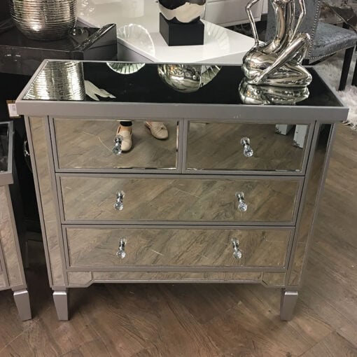 Georgia Silver Trim Mirrored Chest of 4 Drawers Bedroom Cabinet