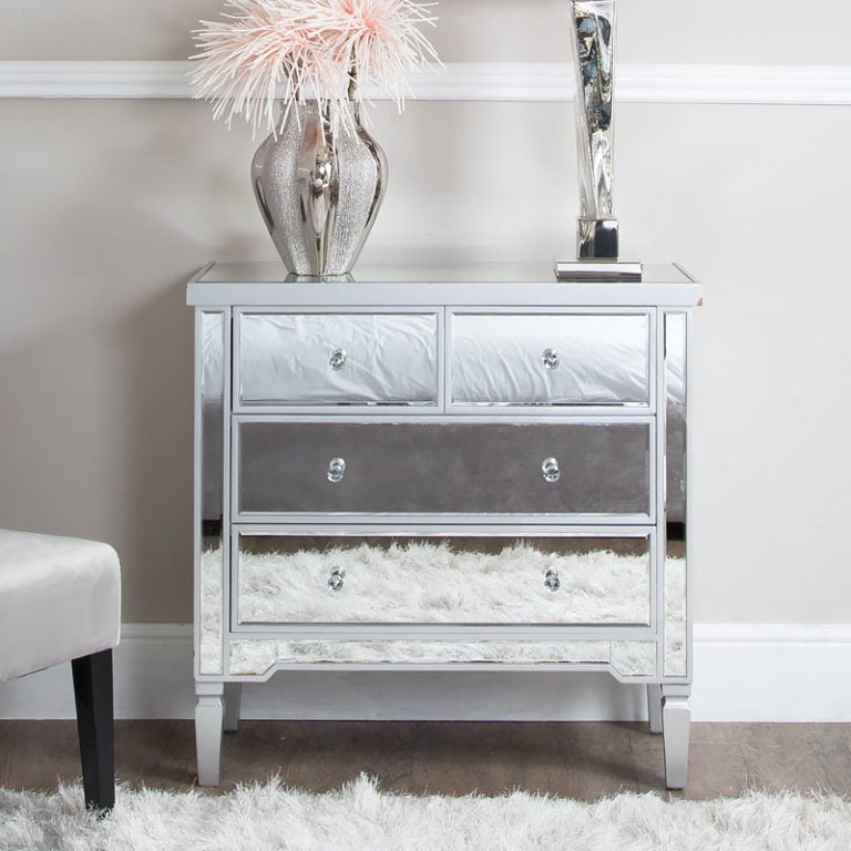 Silver Trim Mirrored Chest of 4 Drawers Bedroom