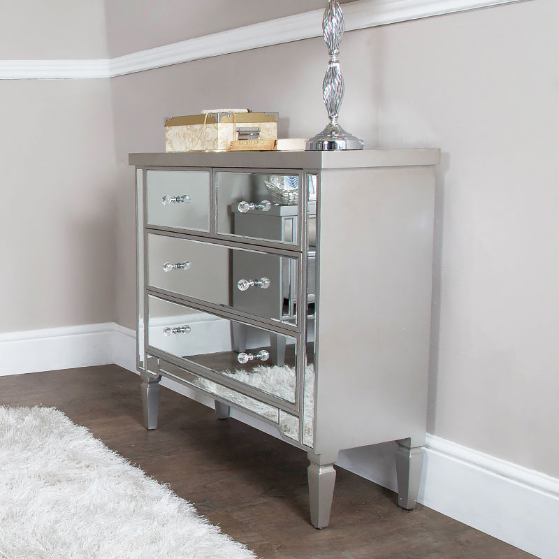 Georgia Silver Trim Mirrored Chest Of 4 Drawers Bedroom Cabinet