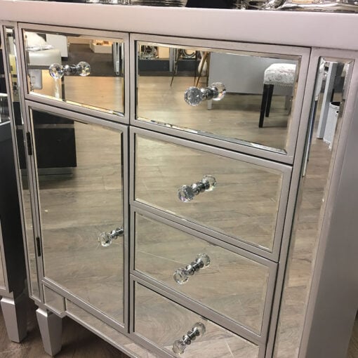 Georgia Silver Trim Mirrored Chest of 5 Drawers 1 Door Cabinet