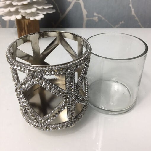 Glass Nickel Diamond Crystal Tealight Make-up Brush Holder 10cm