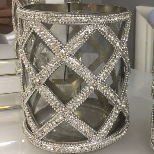Glass Nickel Diamond Crystal Tealight Make-up Brush Holder 13cm