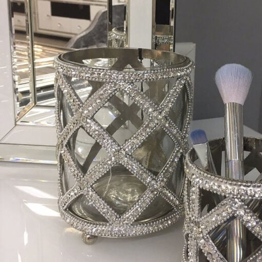 Glass Nickel Diamond Crystal Tealight Make-up Brush Holder 13cm