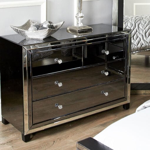 Large Arctic Noir Black Smoked Glass Mirrored 4 Drawer Chest of Drawer