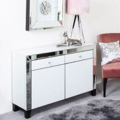 Large Arctic White Mirrored 2 Drawer 2 Door Cabinet Sideboard Cupboard