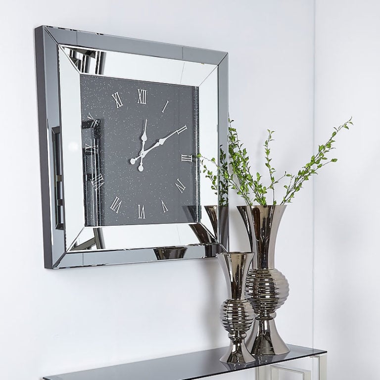 Large Smoked Glass Mirrored Square Wall Clock 90 X 90cm Roman Numerals