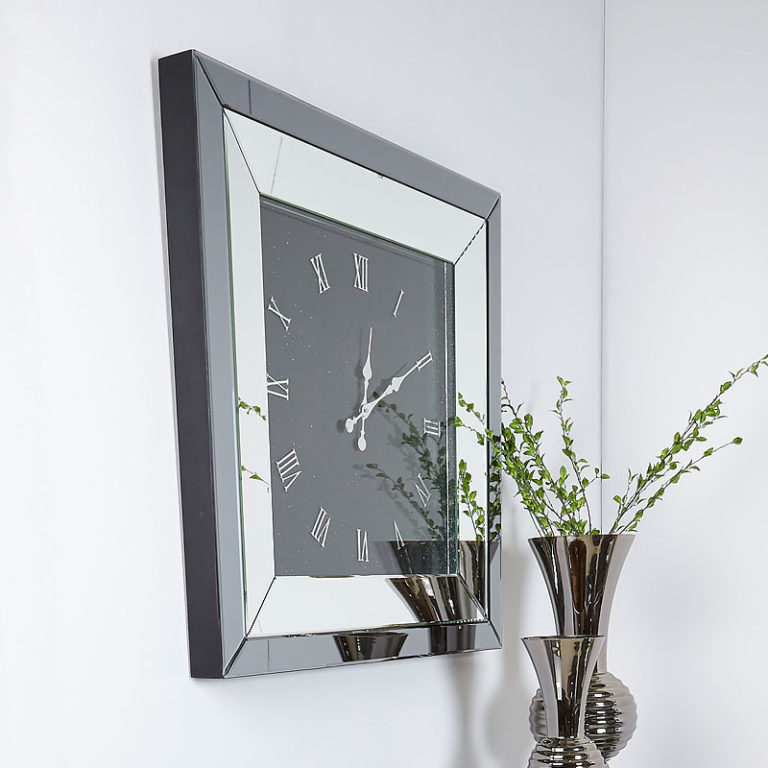 Large Smoked Glass Mirrored Square Wall Clock 90 x 90cm Roman Numerals