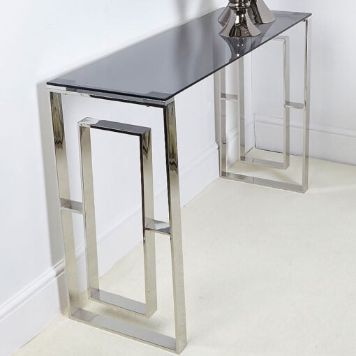 Plaza Contemporary Stainless Steel Smoked Glass Console Display Table