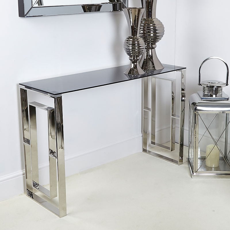 Plaza Contemporary Stainless Steel Smoked Glass Console Display