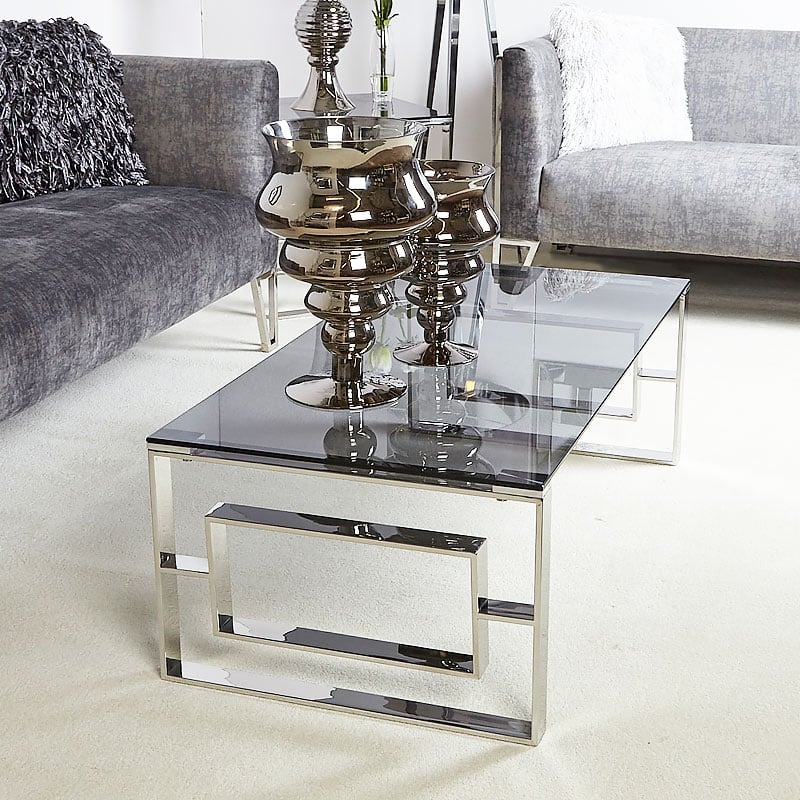 Plaza Contemporary Stainless Steel Smoked Glass Lounge Coffee Table Picture Perfect Home