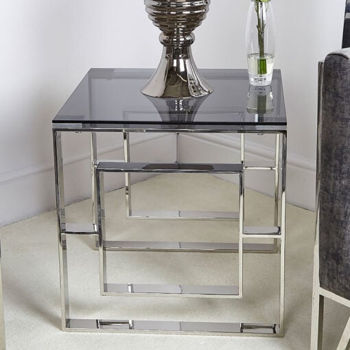 Plaza Contemporary Stainless Steel Smoked Glass Side End Display Table