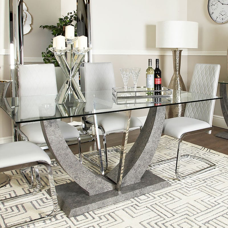 Set Caspian Toughened Glass Chrome Dining Room Table And 6 Light Grey Chairs Picture Perfect Home