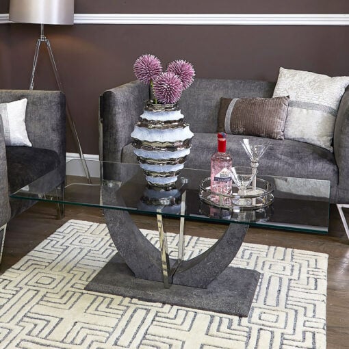 Caspian Toughened Glass Chrome And Stone Effect V Shaped Coffee Table