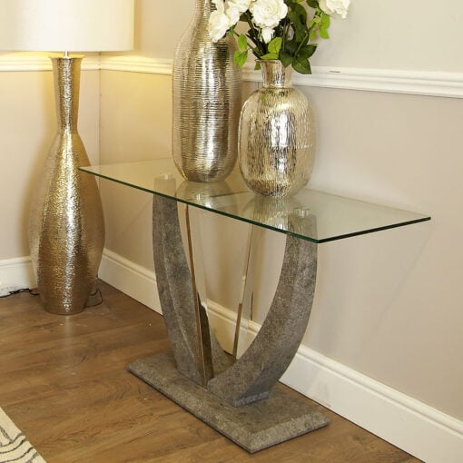 Caspian Toughened Glass Chrome and Stone Effect V Shaped Console Table