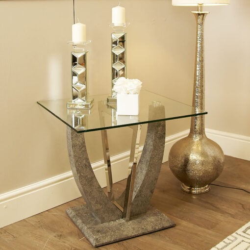 Caspian Toughened Glass Chrome and Stone Effect V Shaped End Side Table