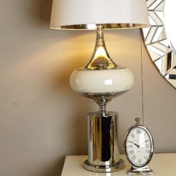 Chrome And Mirrored Glass Podium Statement Table Lamp With White Shade