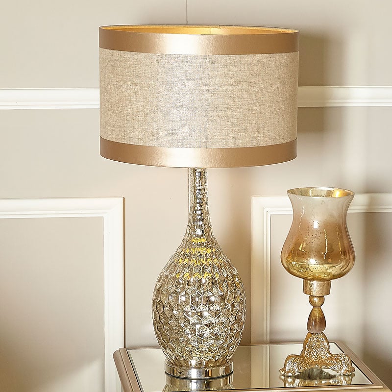Chrome Glass Dimple Table Lamp With Beige Linen Shade
