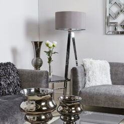 Chrome Hollywood Floor Lamp With 19 Inch Grey Faux Silk Cylinder Shade