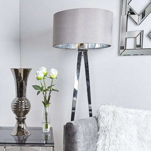 Chrome Hollywood Floor Lamp With 19 Inch Grey Faux Silk Cylinder Shade