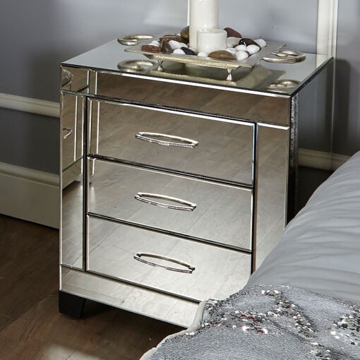 Cosmic Mirrored Glass 3 Drawer Bedside Cabinet Table With Glitz Handle