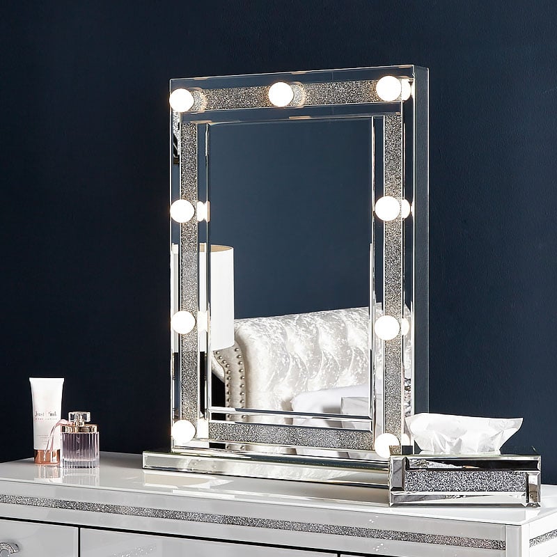 Diamond Glitz Dressing Table Mirror, White Dressing Table With Light Bulb Mirror
