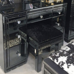Diamond Glitz Noir Black Mirrored Upholstered Dressing Table Stool