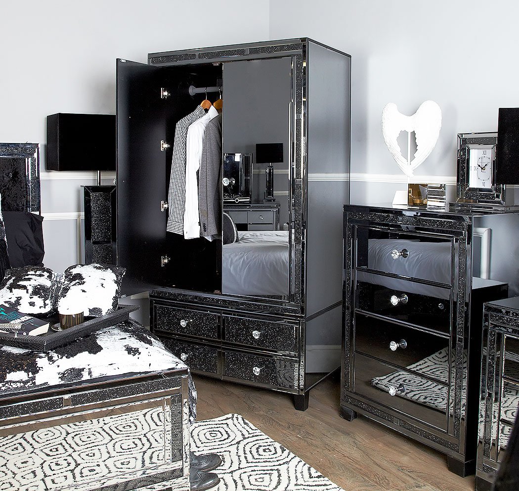 Diamond Glitz Noir Smoked Mirrored 3 Drawer Bedside Cabinet