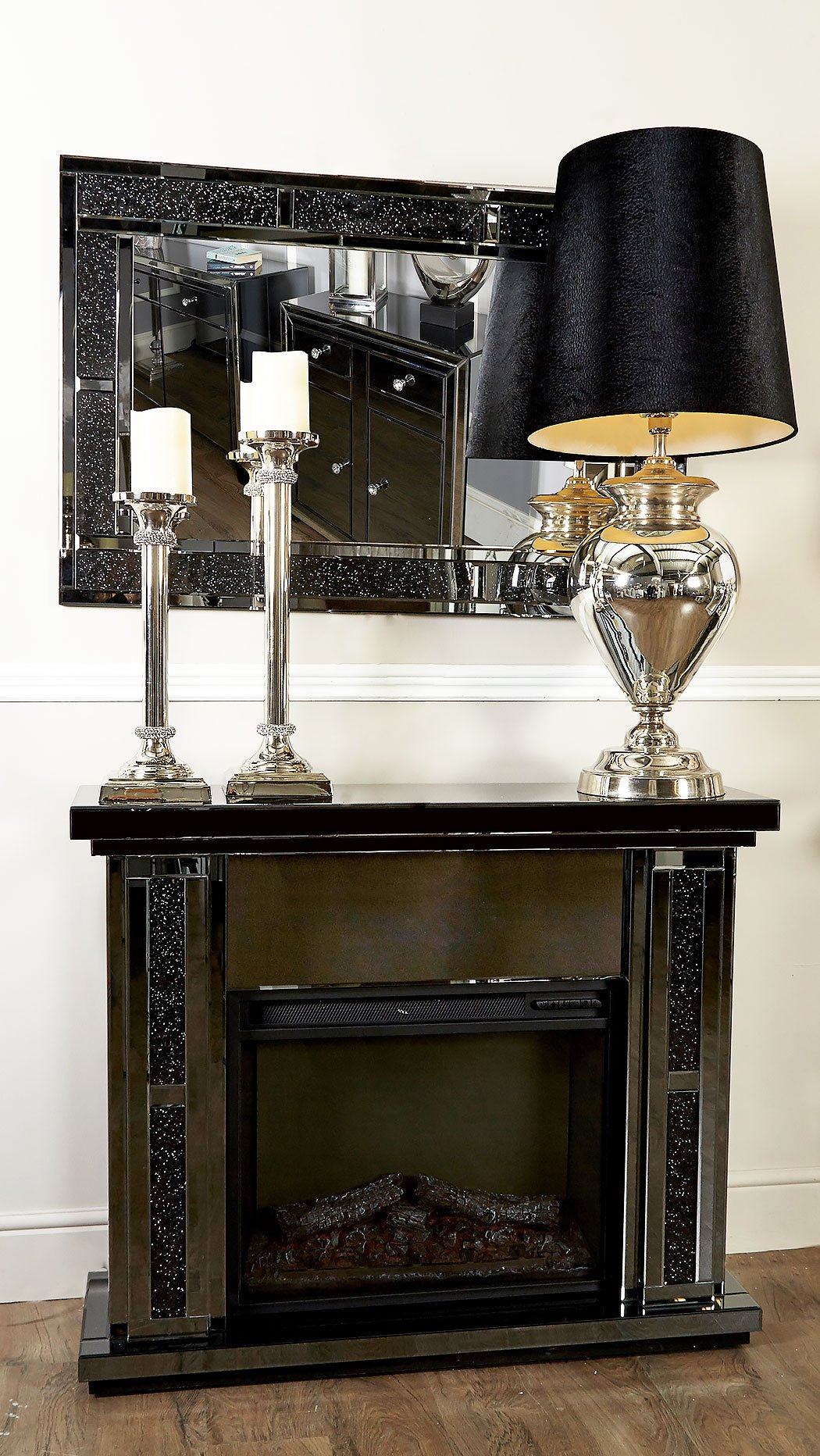Diamond Glitz Noir Smoked Mirrored Electric Fireplace Surround