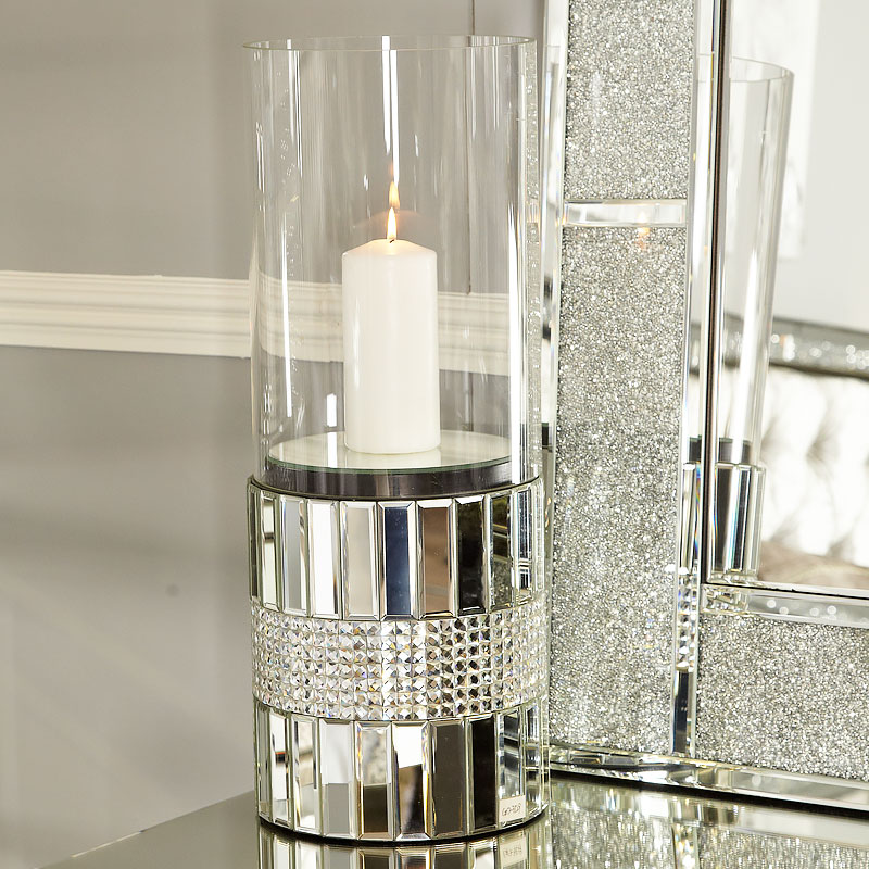 Large Clear Glass Mirror Floor Standing Cylinder Candle 