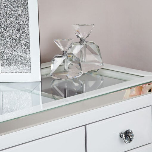 Madison White Glass & Mirrored Trim Clear Top 3 Drawer Dressing Table