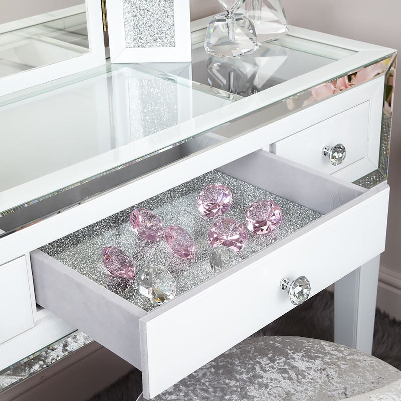 Madison White Glass & Mirrored Trim Clear Top 3 Drawer ...